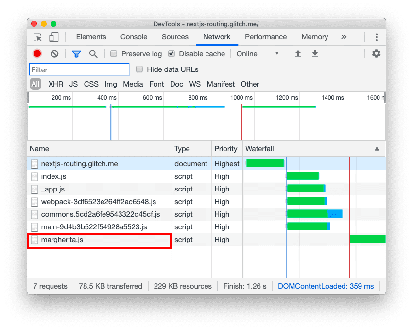 Guia &quot;Rede&quot; do DevTools com margherita.js destacado.