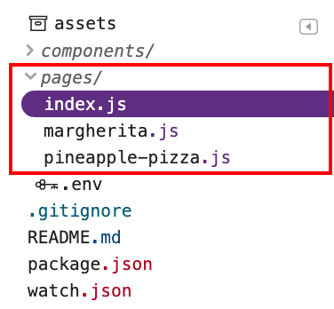 Zrzut ekranu pokazujący katalog stron zawierający 3 pliki: index.js, margherita.js i pineapple-pizza.js