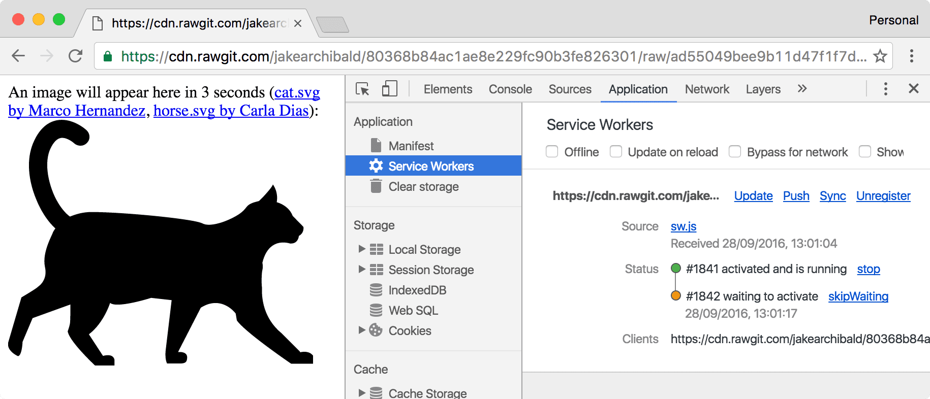 In den DevTools wird angezeigt, dass ein neuer Dienstarbeiter wartet