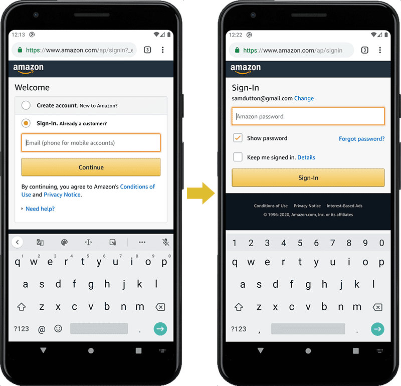 Capture d&#39;écran d&#39;un formulaire de connexion sur le site Web d&#39;Amazon: adresse e-mail/numéro de téléphone et mot de passe sur deux &quot;pages&quot; distinctes.