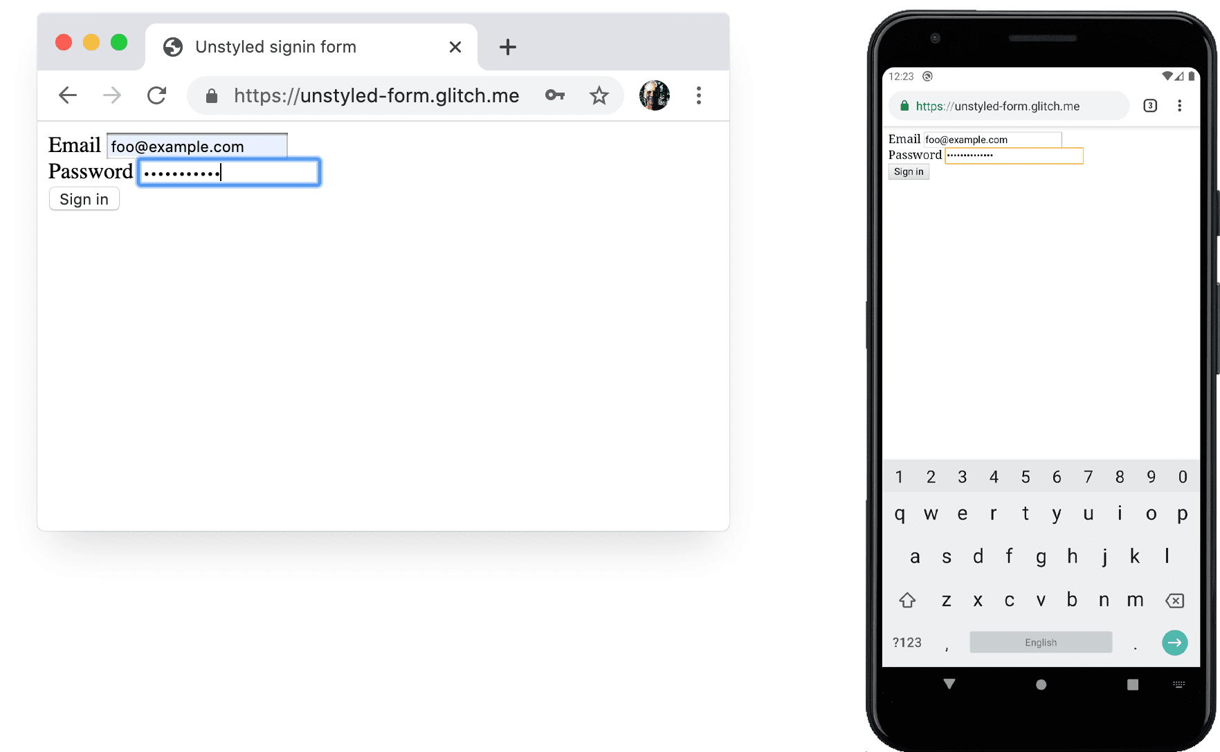 Zrzut ekranu przedstawiający formularz bez stylów w Chrome na komputerze i na Androidzie