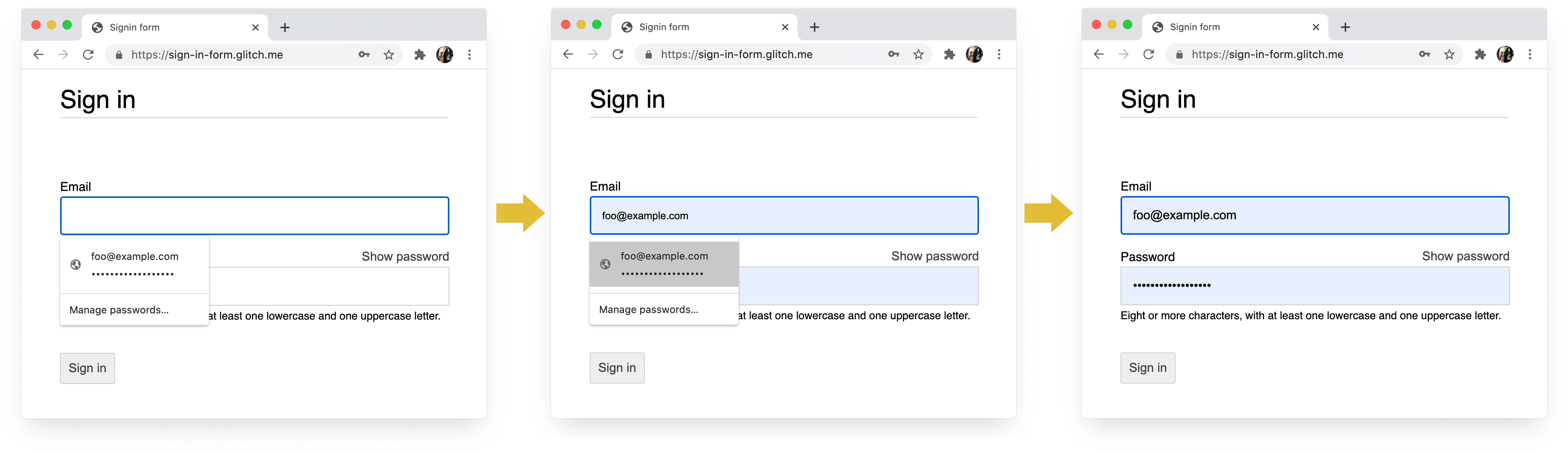 لقطات شاشة لأربع مراحل من عملية تسجيل الدخول في Chrome على الكمبيوتر المكتبي: إكمال عنوان البريد الإلكتروني، اقتراح عنوان البريد الإلكتروني، مدير كلمات المرور، الملء التلقائي عند الاختيار