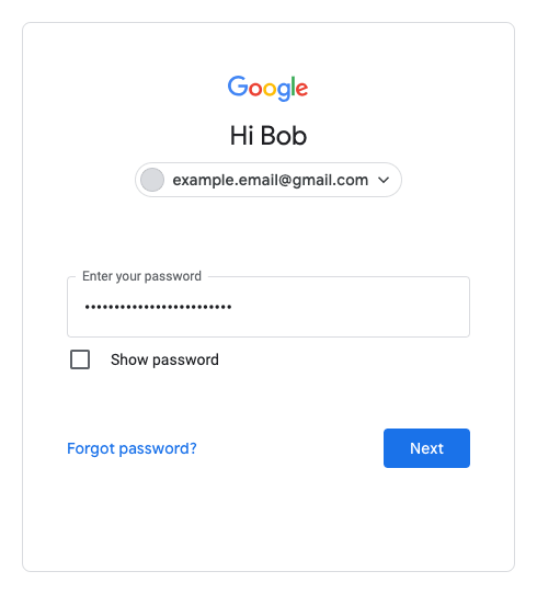 Formulaire de connexion Google affichant le bouton d&#39;activation/de désactivation de l&#39;affichage du mot de passe et un lien &quot;Mot de passe oublié&quot;.