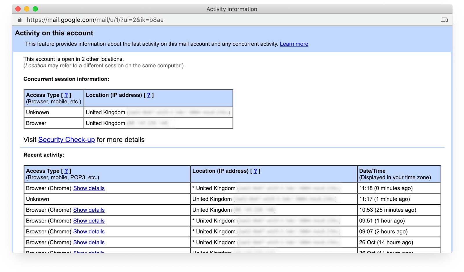 Page d&#39;activité du compte Gmail