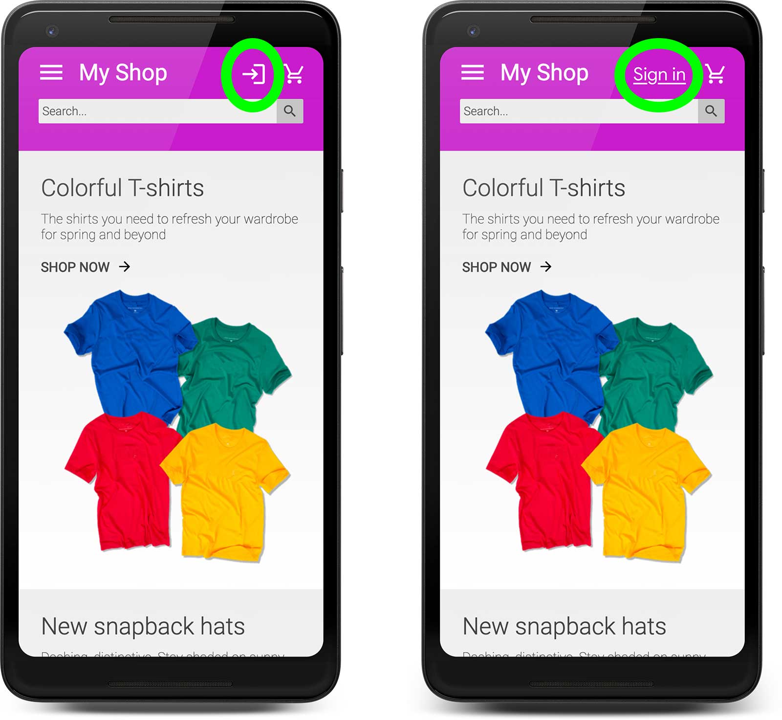 Два снимка экрана макета веб-сайта электронной торговли, просмотренного на телефоне Android. Тот, что слева, использует значок ссылки для входа, который несколько двусмыслен; тот, что справа, просто говорит: «Войти»