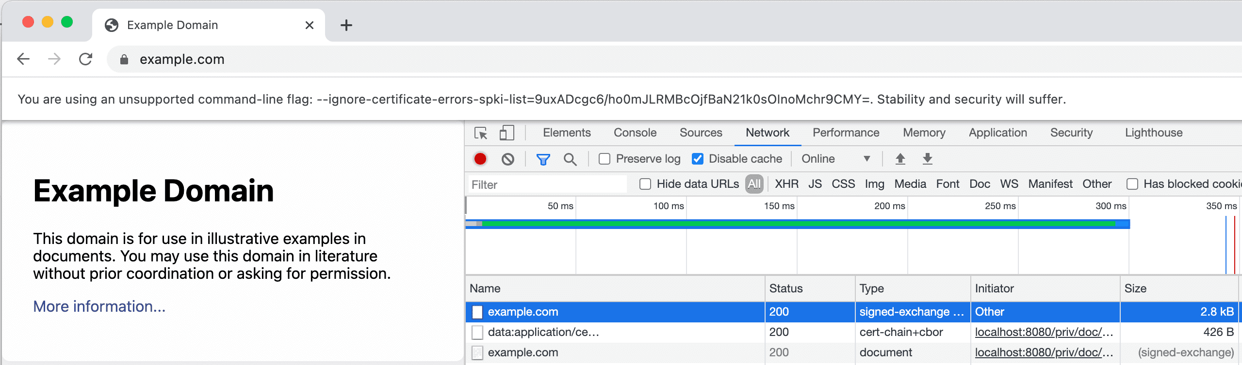 SXG 및 인증서를 보여주는 DevTools 네트워크 탭의 스크린샷