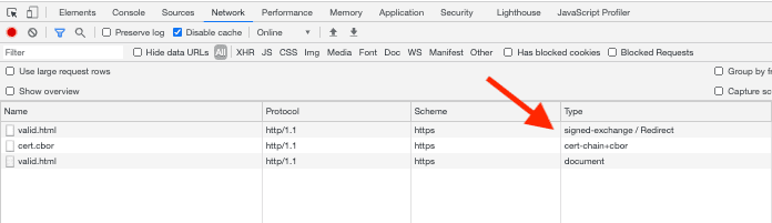 Screenshot yang menampilkan permintaan SXG dalam panel &#39;Jaringan&#39; di DevTools