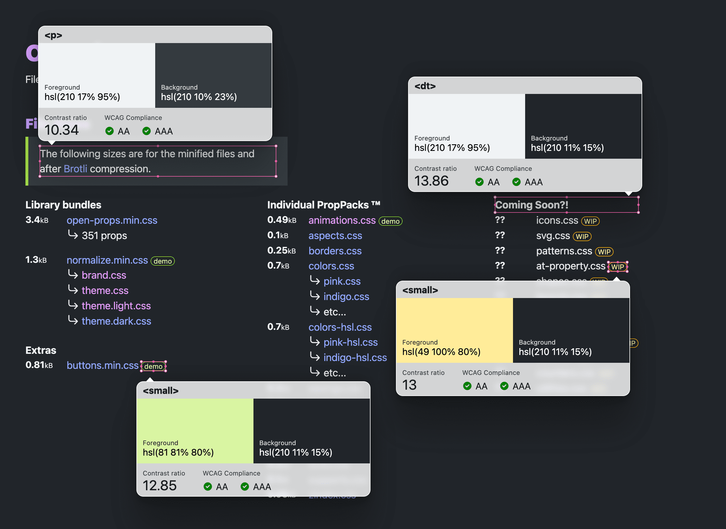 يتم عرض قائمة بالروابط على صفحة ويب مع عدّة تراكبات تسهيل الاستخدام في VisBug، يشير كلّ منها بشكل سياقي إلى تباينات ألوان النص والخلفية التي تم رصدها ويبلّغ عنها.