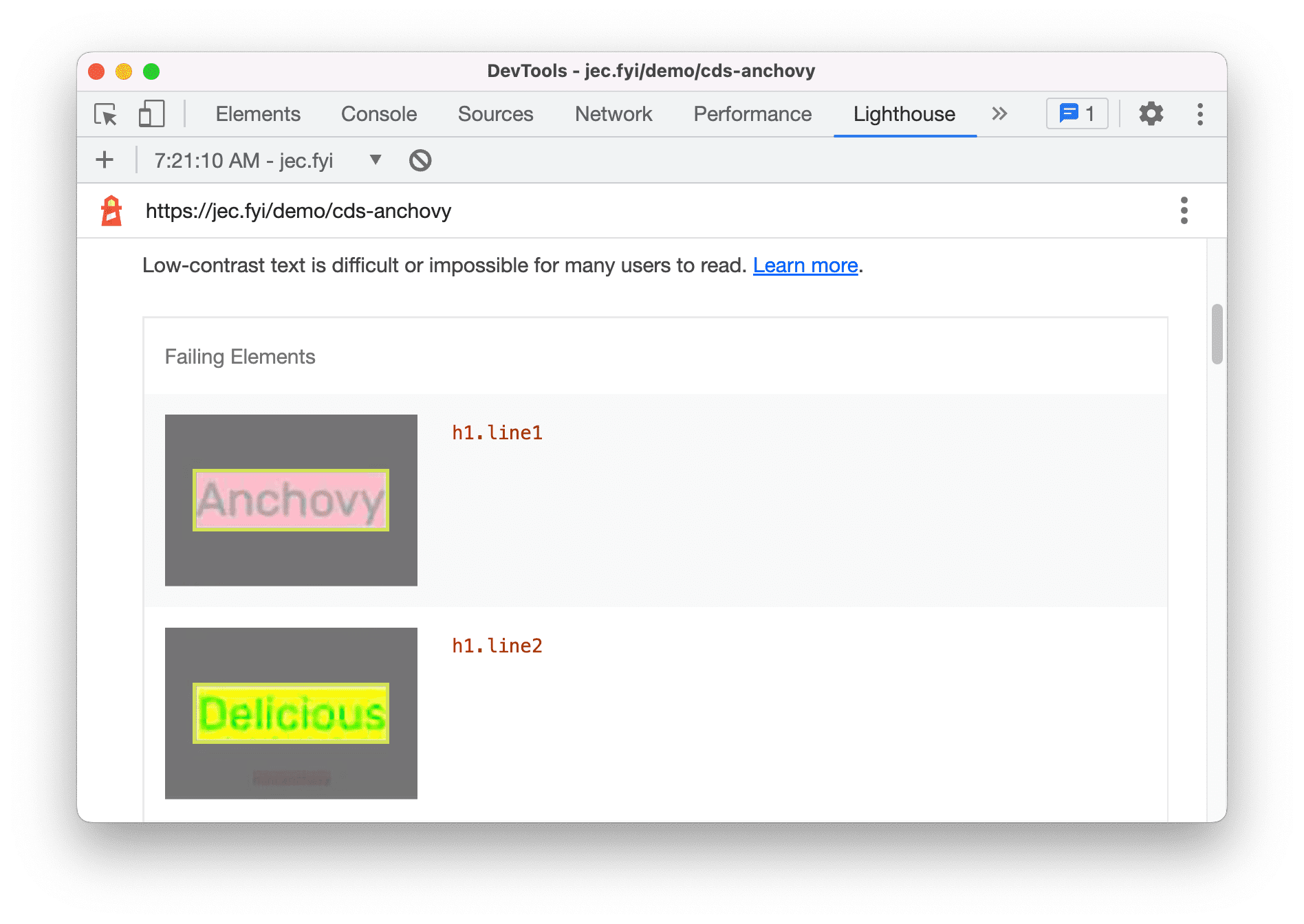 Lighthouse 評価のスクリーンショット。2 つの単語の色の組み合わせによる低コントラストのテキストの結果を示しています。