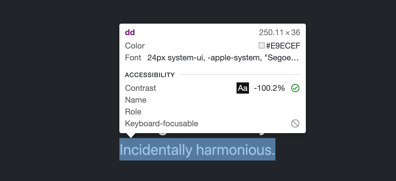 Devtools 요소 검사 도움말에 dd 요소의 대비 점수가 -100.2% 로 표시됩니다.