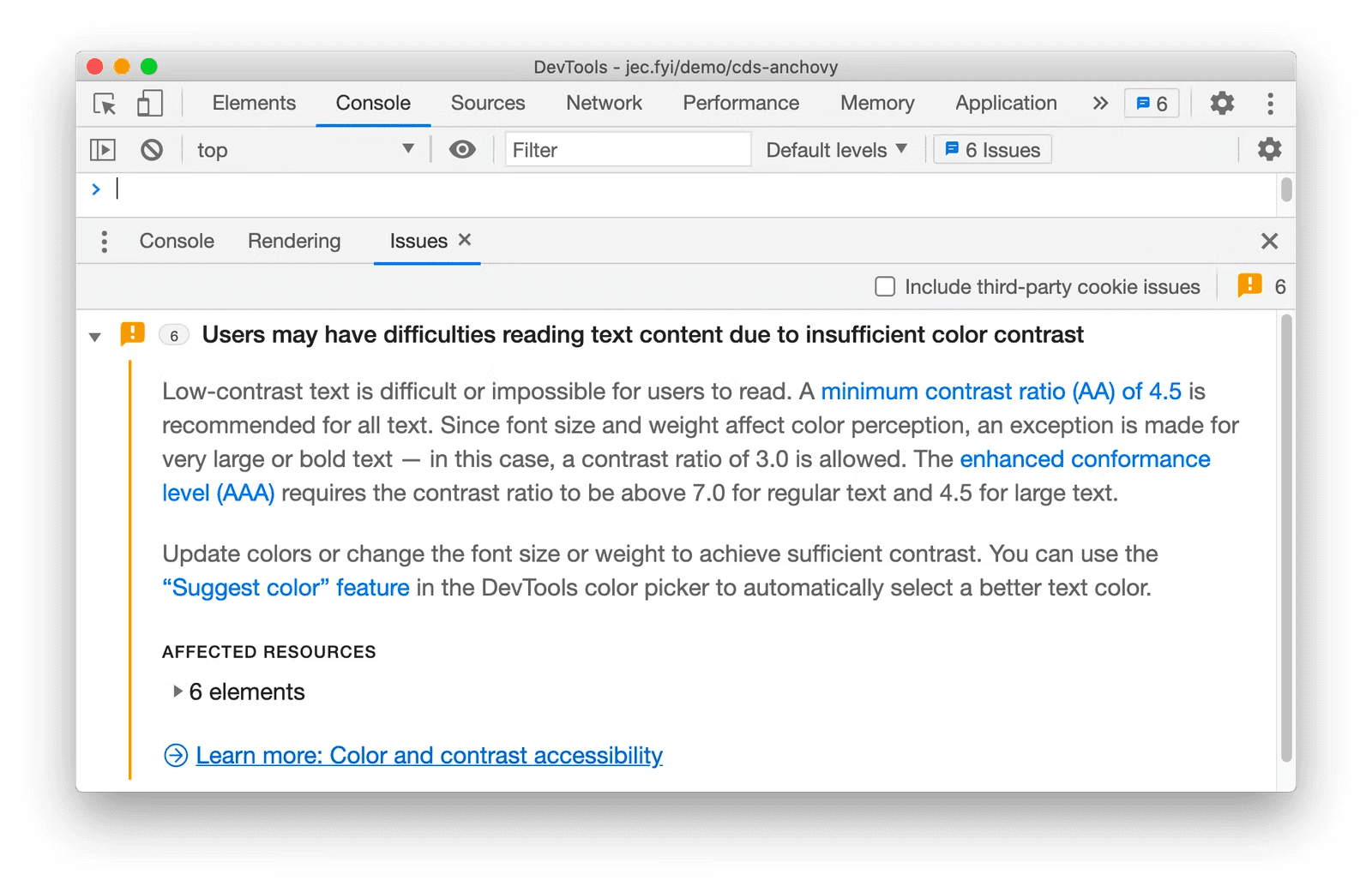 コンソール内の [問題] パネルのスクリーンショット。コントラストに関する 6 件のエラーが報告されています。
