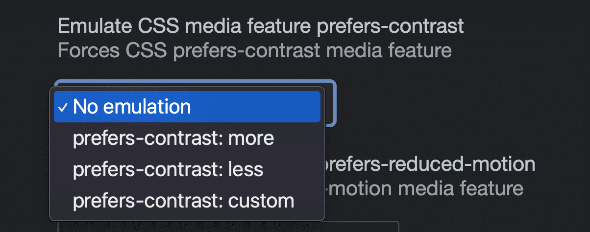 Capture d&#39;écran des options dans les outils de développement d&#39;émulation pour émuler la requête multimédia CSS prefers-contrast: aucune émulation, plus, moins, personnalisée.