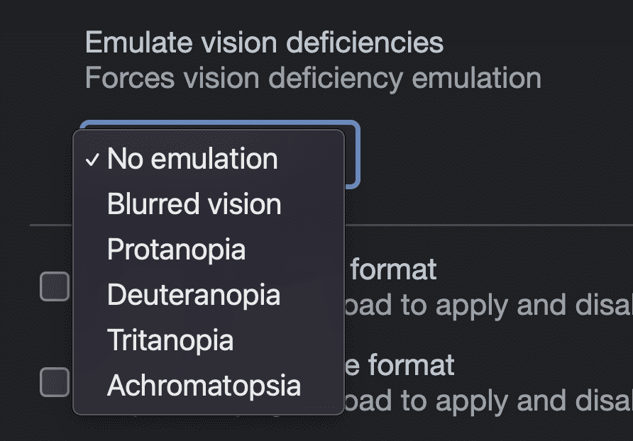 Captura de pantalla de las opciones en DevTools de emulación para emular deficiencias visuales: sin emulación, visión borrosa, protanopia, deuteranopia, tritanopia y acromatopsia.