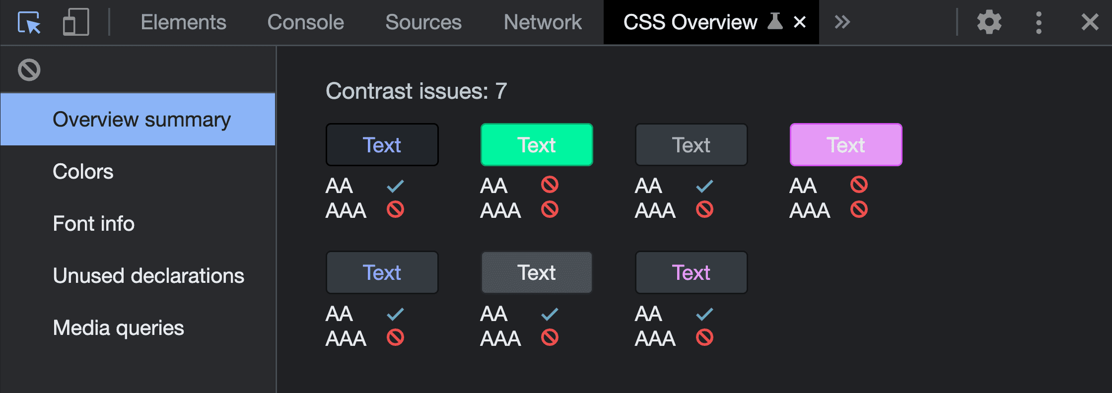 Captura de pantalla del Resumen general de la ejecución de la herramienta de captura de CSS Overview. Muestra 7 problemas de contraste, las combinaciones de colores descubiertas y sus resultados incorrectos.