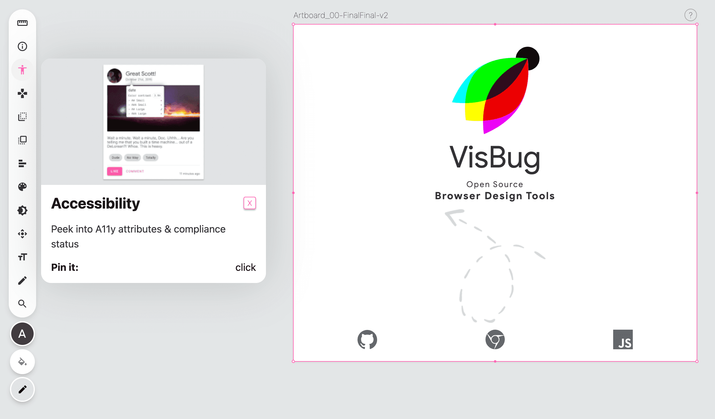 لقطة شاشة لشريط أدوات VisBug على يمين صفحة فارغة، يظهر رمز أداة تسهيل الاستخدام باللون الوردي ويتم عرض نافذة منبثقة تقدّم تعليمات حول الأداة.