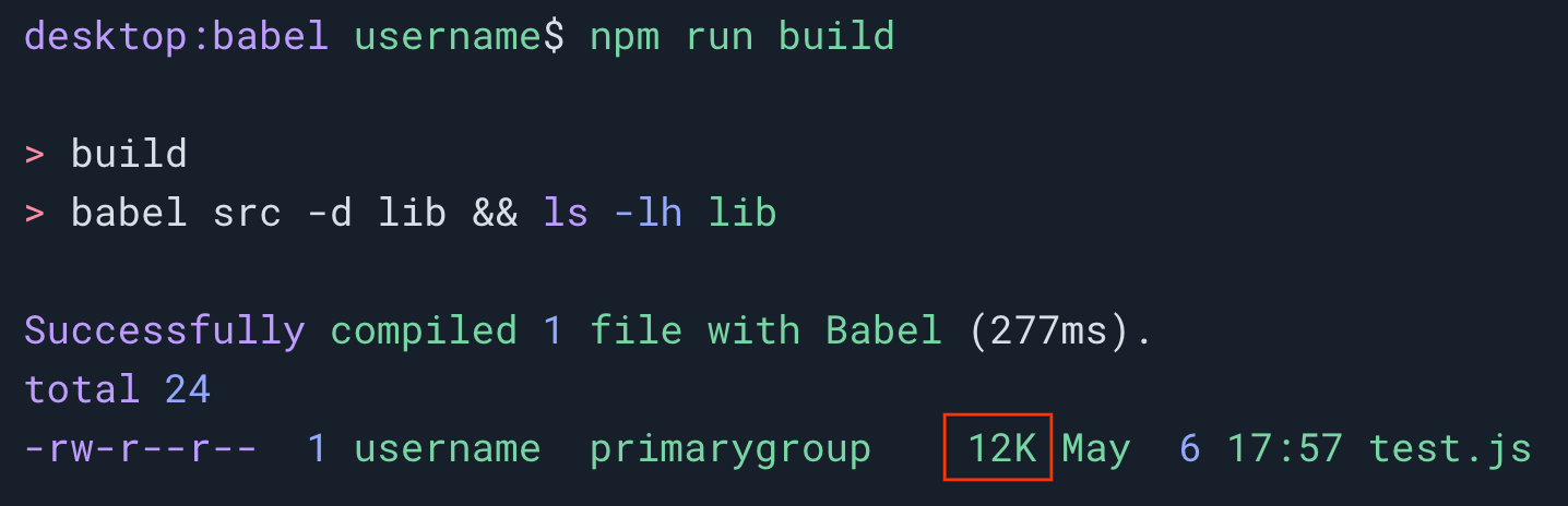 一个终端会话，显示 npm run build 命令已在名为 test.js 的 JavaScript 文件上执行。输出文件大小为 12 千字节。