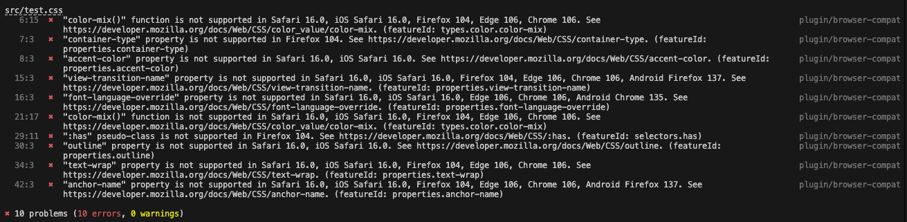 uma lista de avisos do Stylelint destacando o código CSS que não funciona em navegadores mais antigos.