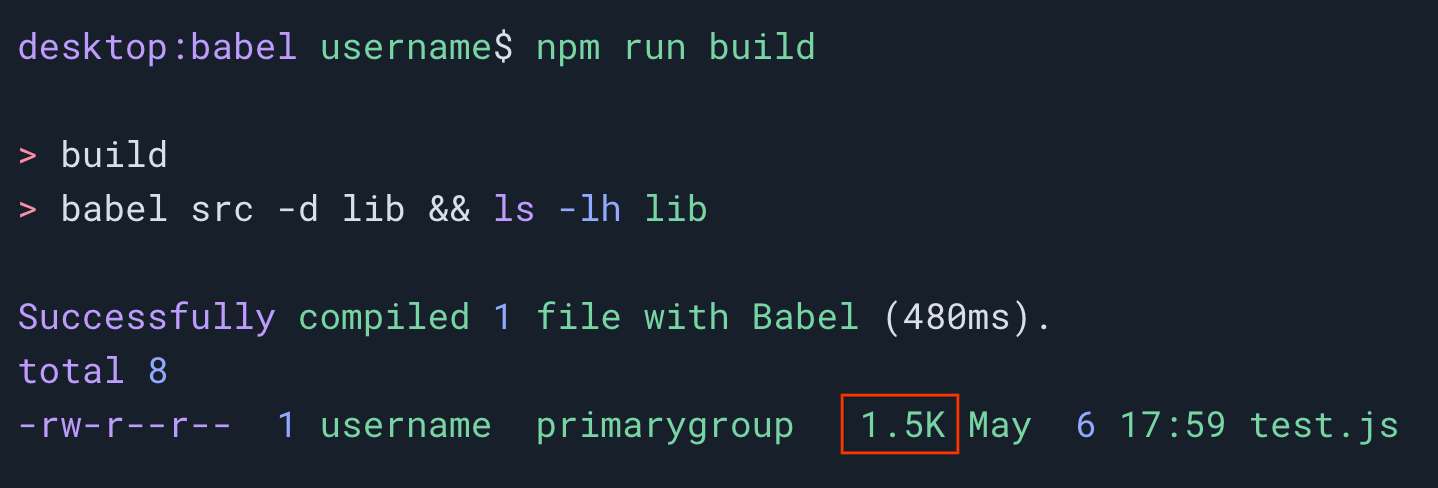 第二个终端会话，显示在将 Babel 设置为以基准 2020 为目标平台后，npm run build 命令现在生成了一个 1.5 千字节的文件。