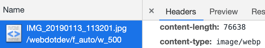 Chrome DevTools menampilkan header jenis konten WebP untuk file yang ditayangkan oleh Cloudinary