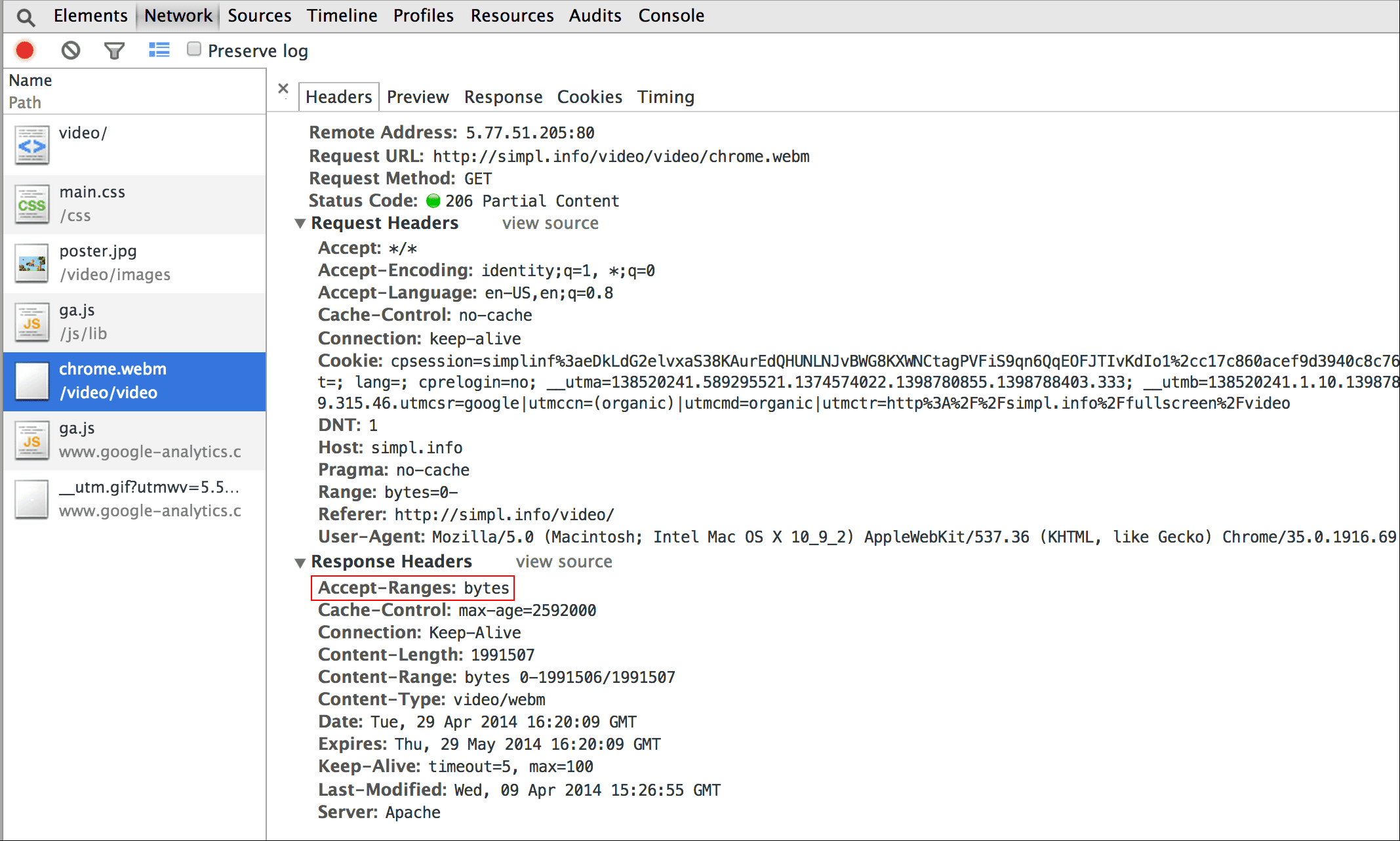 لقطة شاشة لأدوات مطوّري البرامج في Chrome: Accept-Ranges: bytes