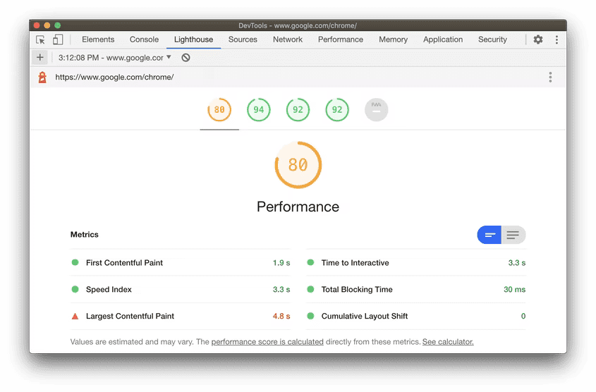 Laporan Lighthouse dalam Chrome DevTools. Laporan ini mengelompokkan skor ke dalam lima kategori, dengan laporan yang berfokus pada kategori &#39;Performa&#39;, dengan hasil di bagian bawah jendela laporan.