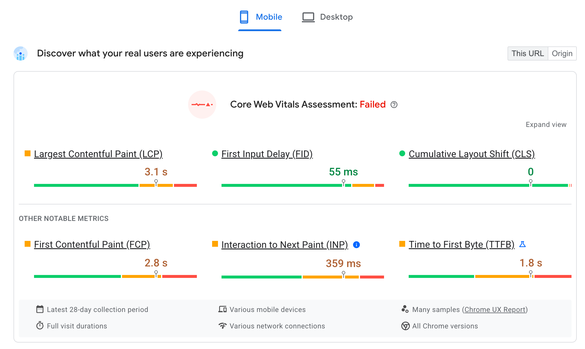 Wie PageSpeed Insights CrUX-Daten für die Core Web Vitals einer URL darstellt Die einzelnen Core Web Vitals werden separat angezeigt und in den Grenzwerten „Gut“, „Optimierung erforderlich“ und „Langsam“ für die letzten 28 Tage gruppiert.