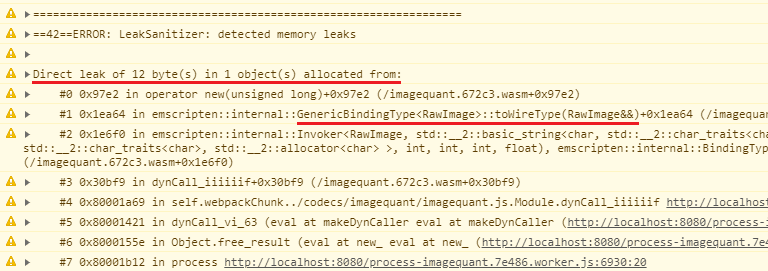 צילום מסך של הודעה עם הכיתוב &#39;Direct leak of 12 bytes&#39; שמגיעה מפונקציה GenericBindingType RawImage ::toWireType