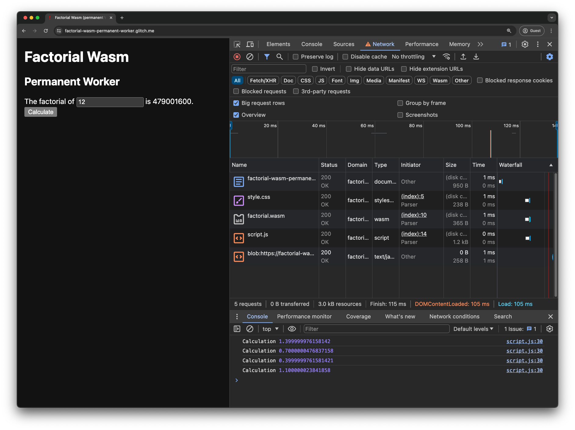 फ़ैक्टोरियल Wasm डेमो ऐप्लिकेशन, जिसमें हमेशा चालू रहने वाला Worker है. Chrome DevTools खुला हो. नेटवर्क टैब में सिर्फ़ एक ब्लॉब है: यूआरएल का अनुरोध. साथ ही, Console में गिनती के चार समय दिखते हैं.