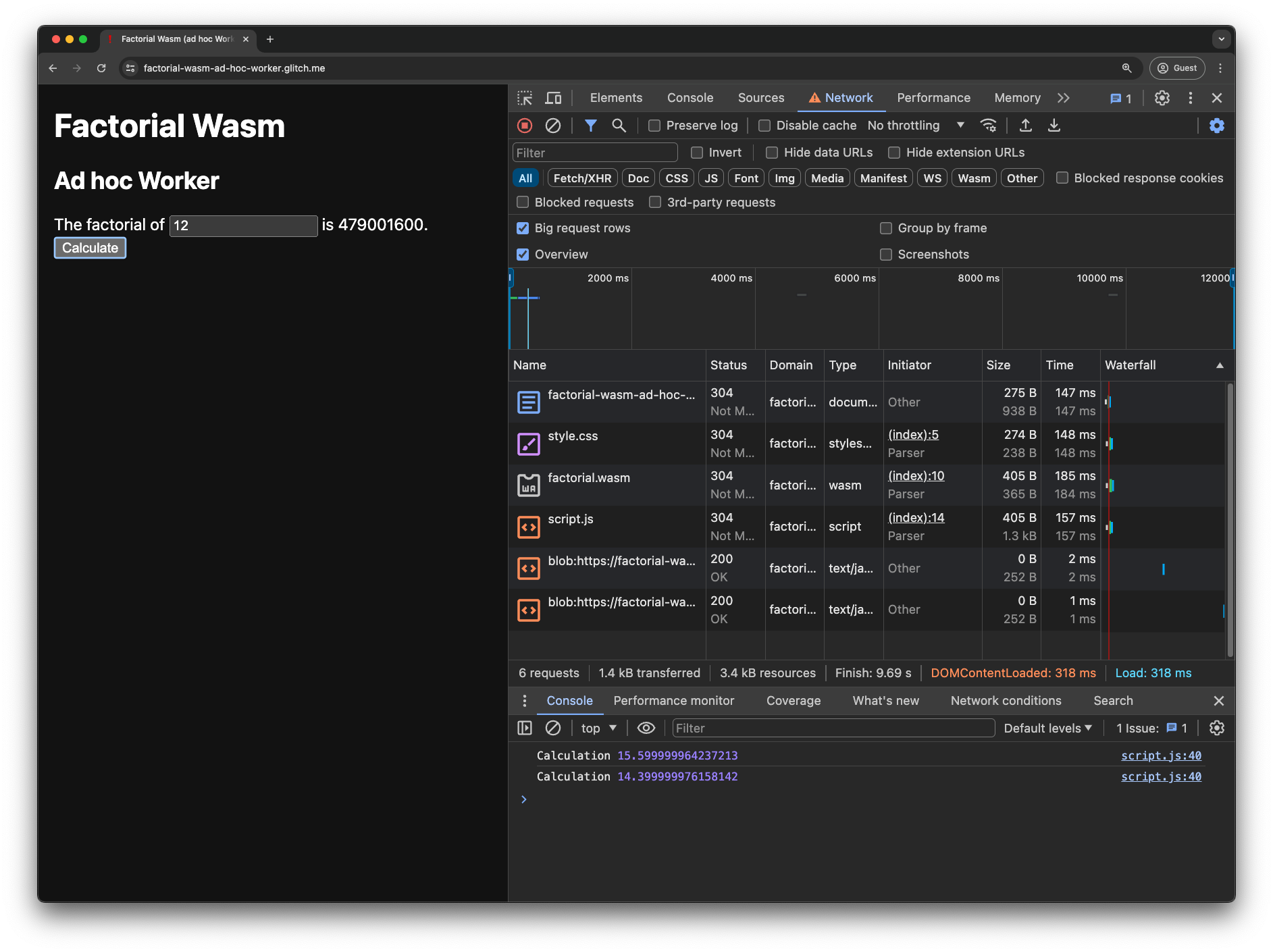 Factorial Wasm demo app with an ad hoc Worker. Chrome DevTools are open. There are two blob: URL requests in the Network tab and the Console shows two calculation timings.