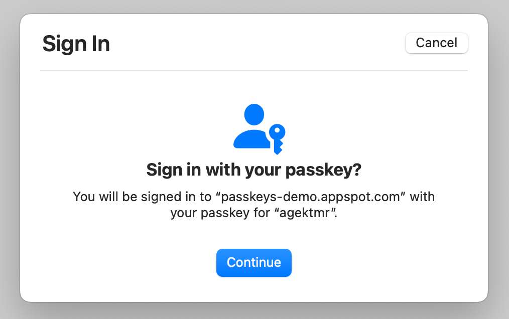 Uno screenshot di una finestra di dialogo della passkey su macOS che viene visualizzata quando Touch ID non è disponibile. La finestra di dialogo contiene informazioni come l&#39;origine che richiede l&#39;autenticazione e il nome utente. In alto a destra nella finestra di dialogo è presente un pulsante denominato &quot;Annulla&quot;.