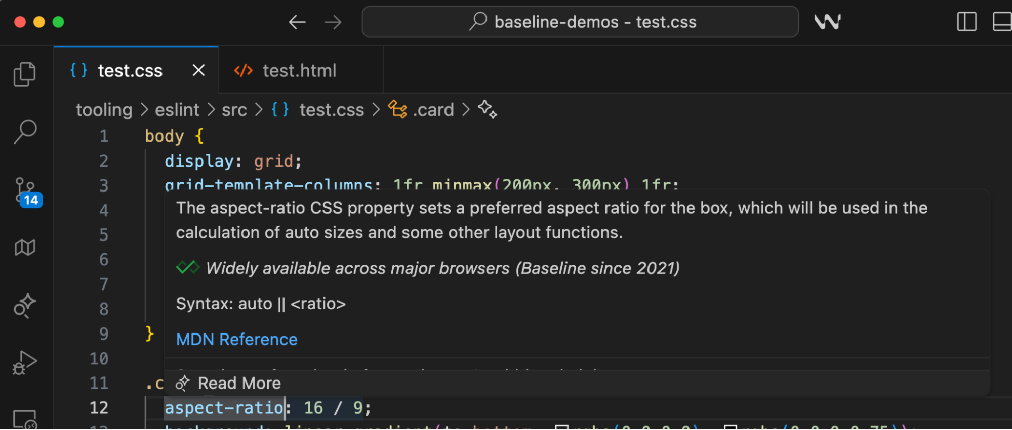 Um card de informações de linha de base, como mostrado no Windsurf IDE quando o usuário passa o cursor sobre um recurso.