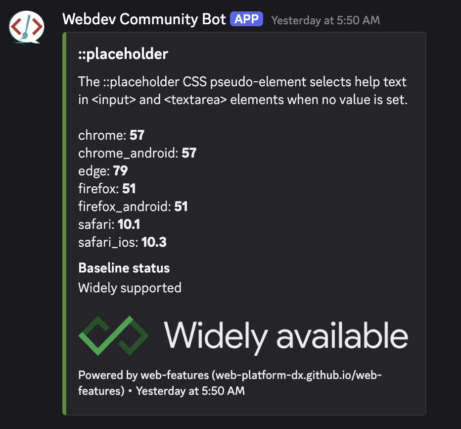 वेब डेवलपर और वेब डिज़ाइनर की Discord कम्यूनिटी में, Baseline बॉट वेब सुविधा से जुड़ा डेटा दिखा रहा है.