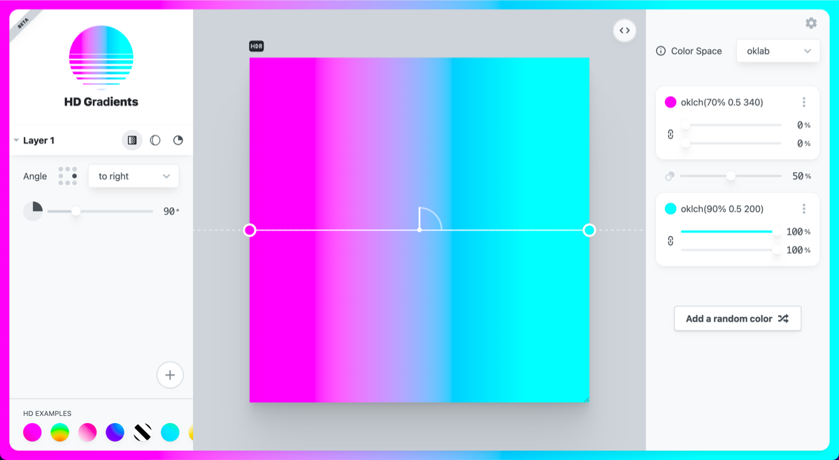 צילום מסך של הכלי לעריכת gradient.style עם פס צבעים ורוד עד כחול.