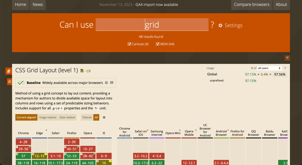 Zrzut ekranu z plakietką „Can I Use” (Można użyć) w ramach komponentu CSS Grid Layout.