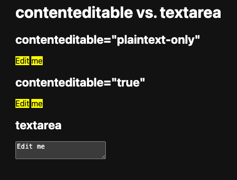 Demo yang menunjukkan bagaimana CSS Custom Highlight API hanya berfungsi dengan elemen div contenteditable, tetapi tidak dengan textarea.