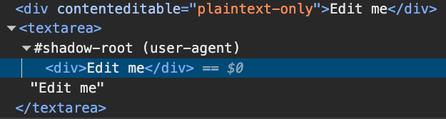 Panel Elemen Chrome DevTools yang memeriksa textarea yang menunjukkan bahwa textarea tersebut menggunakan div di root bayangan agen pengguna.