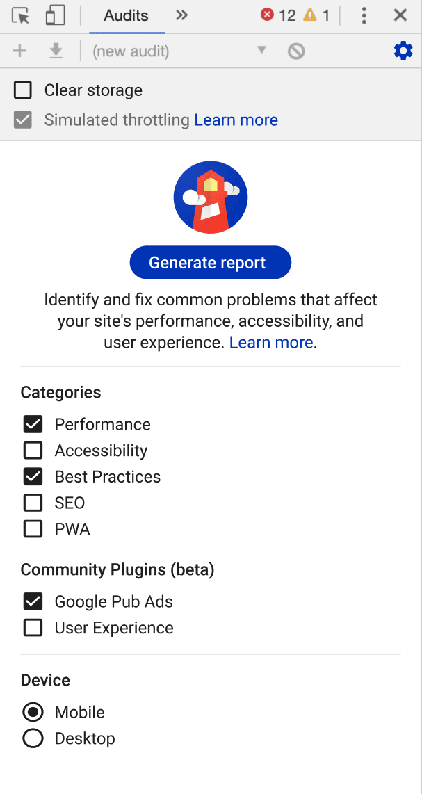 Панель Chrome DevTools Audits с возможностью запуска плагинов Lighthouse для рекламы издателей Google и улучшения пользовательского опыта.