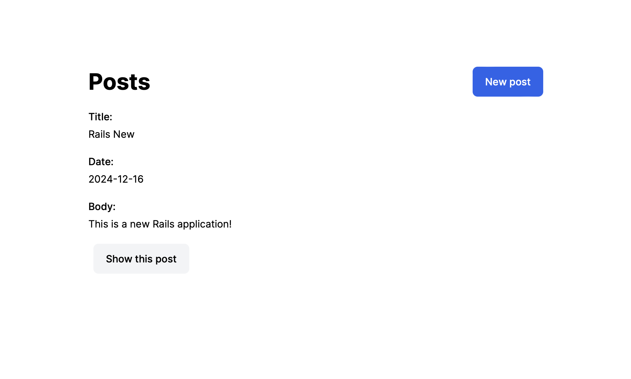 Ein Ruby on Rails-Blog, das über die Befehlszeile gestartet und im Browser ausgeführt wird.