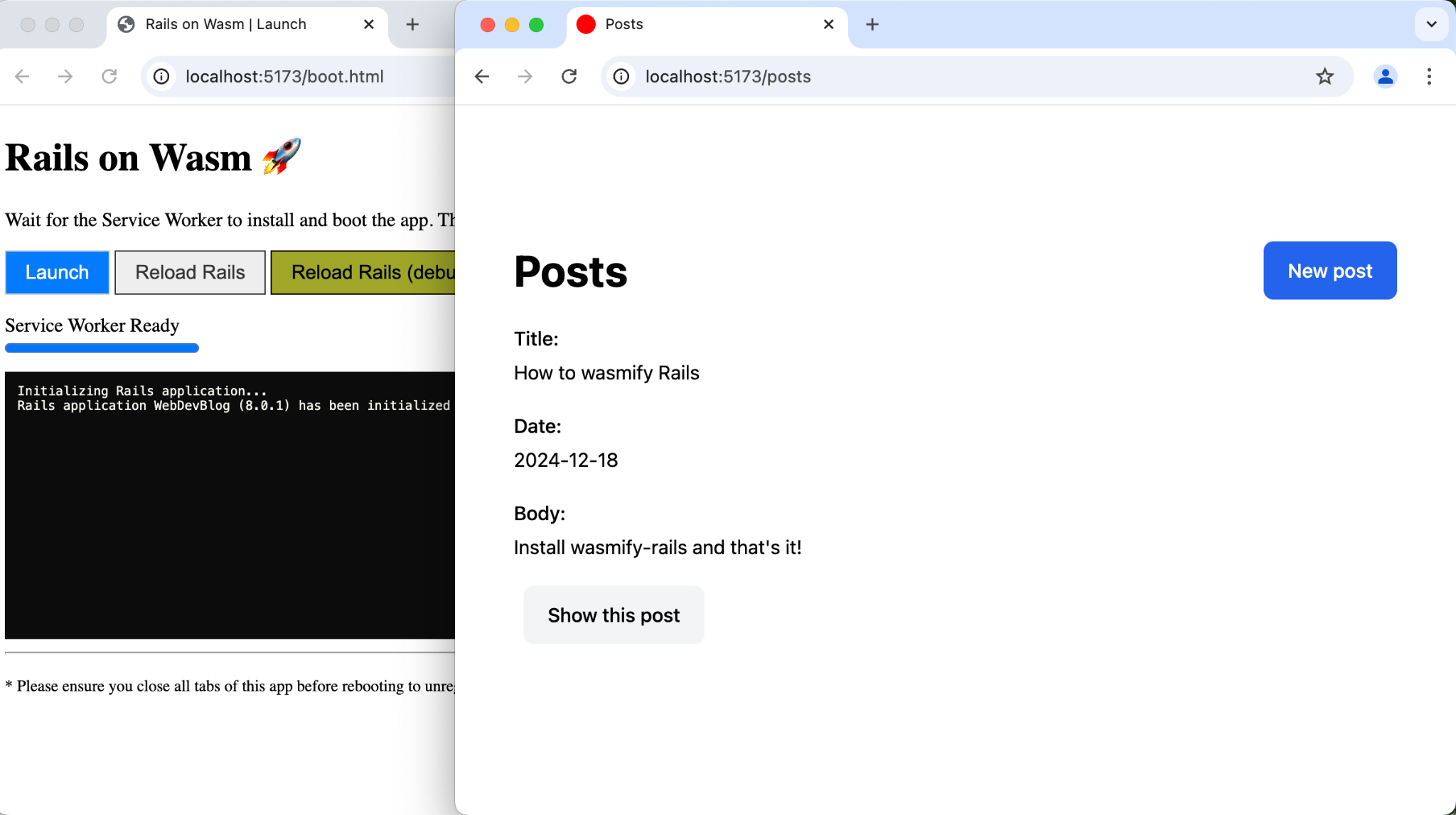 다른 브라우저 탭에서 실행 중인 브라우저 탭에서 실행된 Ruby on Rails 블로그