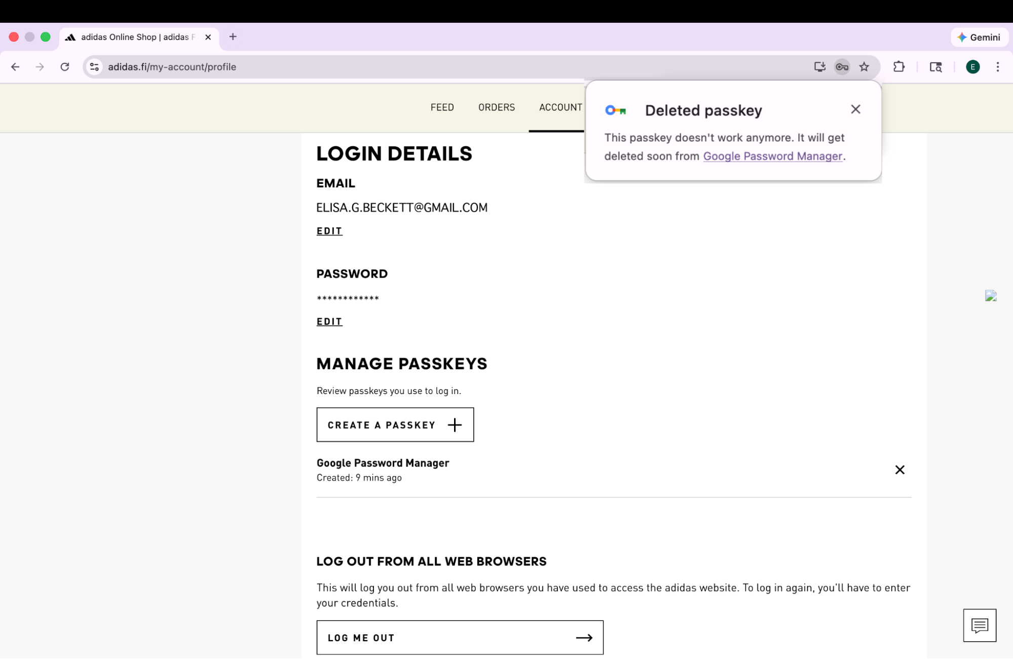 A notification from Google Password Manager indicating a 'Deleted passkey' that no longer works, demonstrating how the Signal API keeps the user's device in sync with the server.