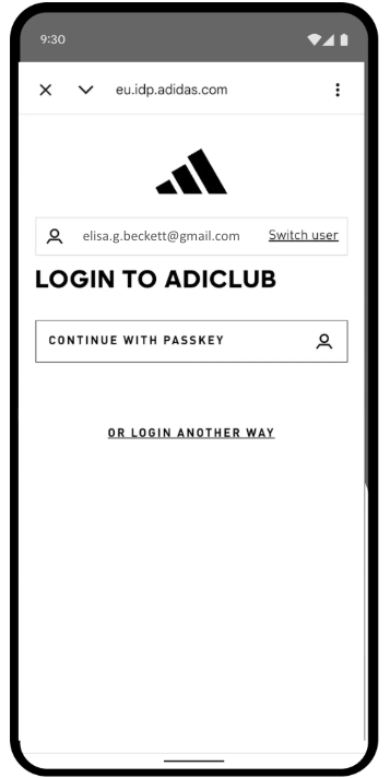The adidas mobile app login screen featuring a dedicated 'Continue with Passkey' button for a streamlined authentication experience.