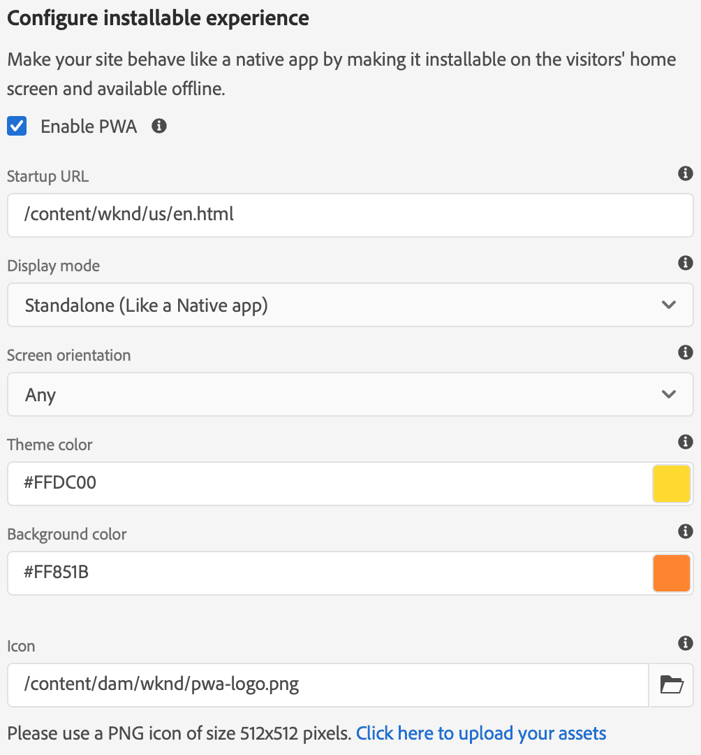 Configuring the manifest in the installable experience dialog box.