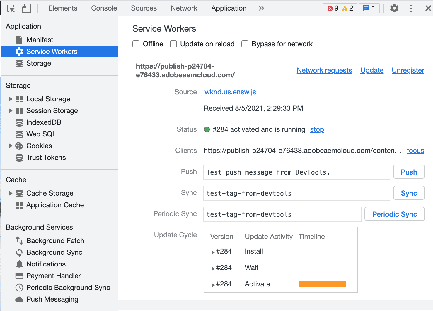 DevTools का सेवा वर्कर पैनल.