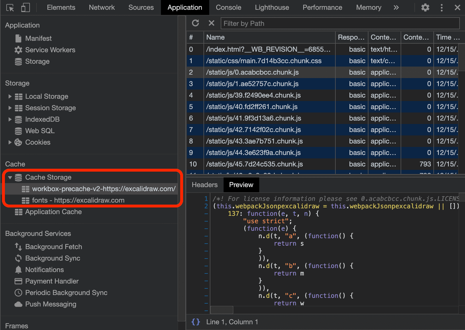 Scheda Applicazione di Chrome DevTools che mostra le due cache di Excalidraw.