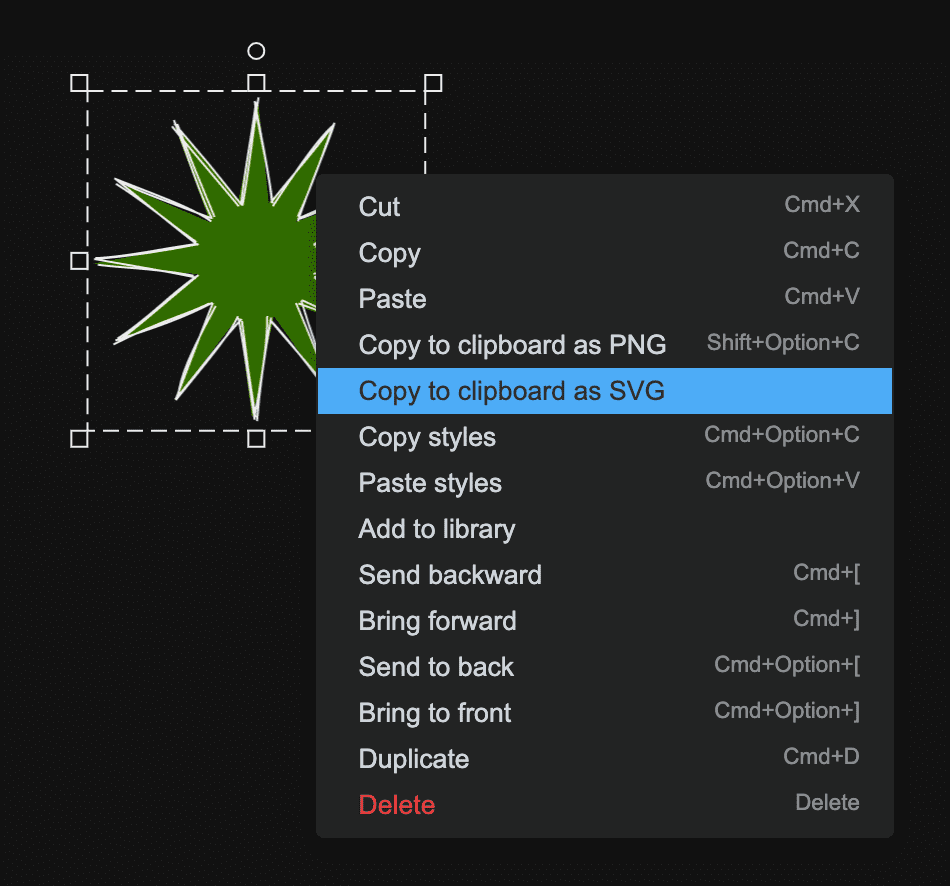 Menu kontekstowe Excalidraw z elementami menu „Skopiuj do schowka jako SVG” i „Skopiuj do schowka jako PNG”.