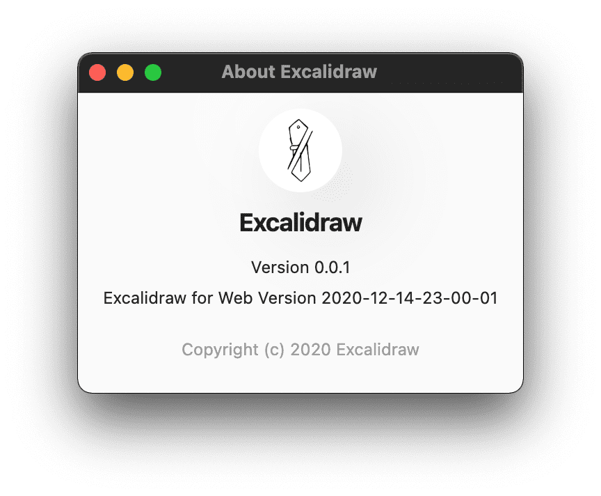 Fenêtre &quot;À propos&quot; d&#39;Excalidraw Desktop affichant la version du wrapper Electron et de l&#39;application Web.