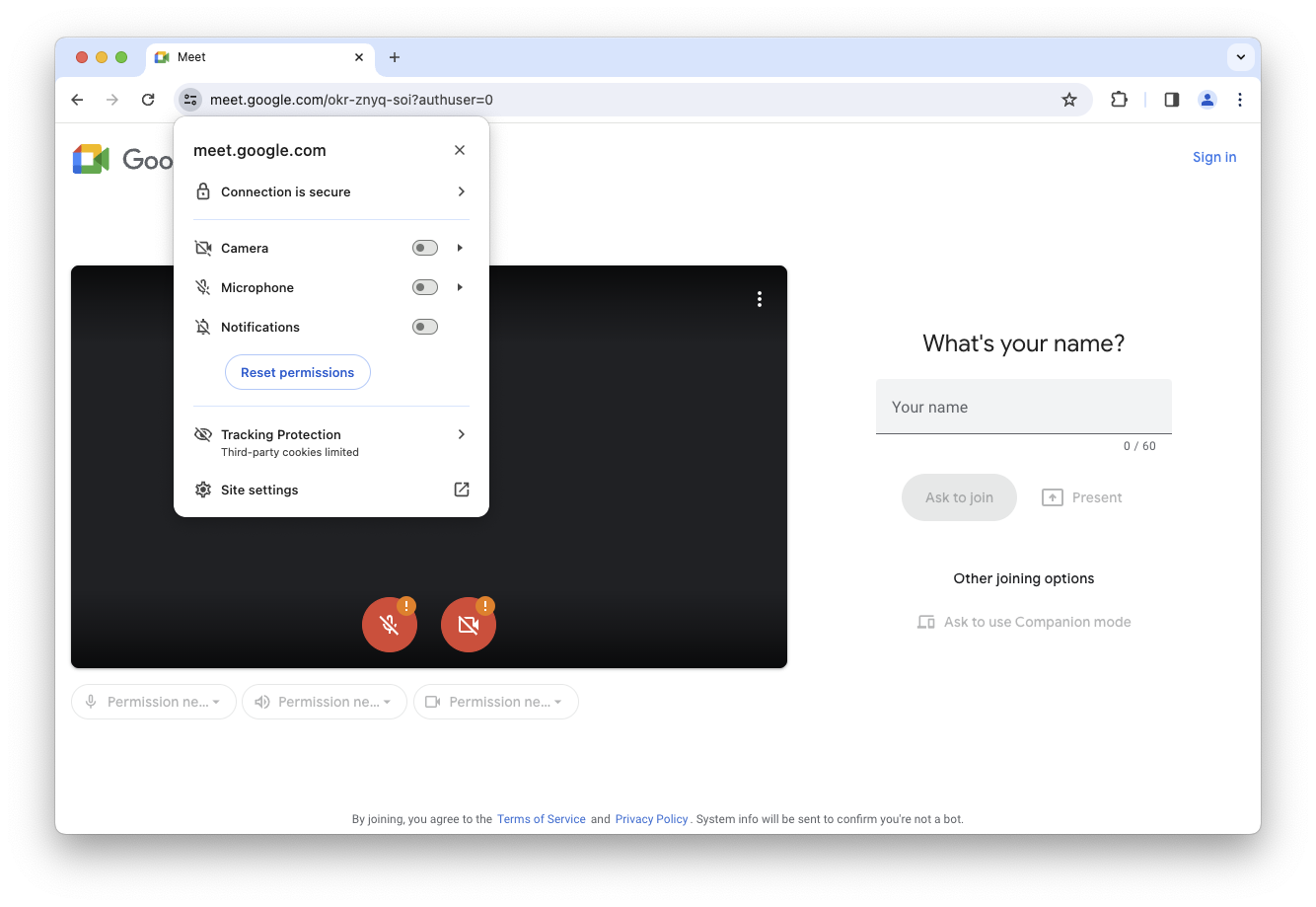 Chrome 中的 Meet 應用程式網站設定對話方塊，可用於重設權限。