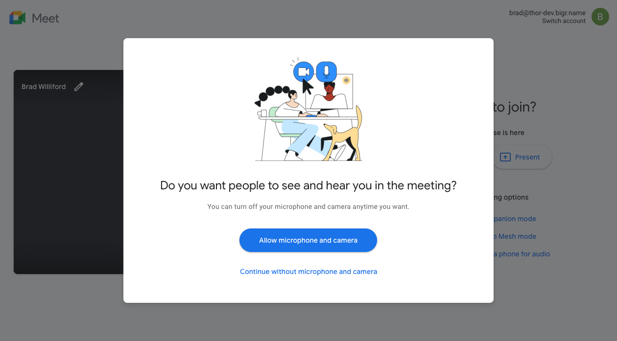 Google Meet 應用程式中的對話方塊，詢問使用者是否要讓其他人看到及聽到自己的聲音。