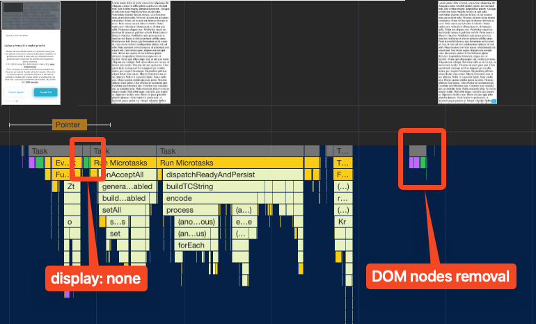 Chrome DevTools の [Performance] パネルのスクリーンショット。前回と同じトレースが最適化されています。PubConsent CMP のダイアログが閉じられると、最初のアクションとして CSS display: none ルールを使用してダイアログが非表示になります。その後、ブラウザがアイドル状態になると、DOM ノードの削除が行われます。