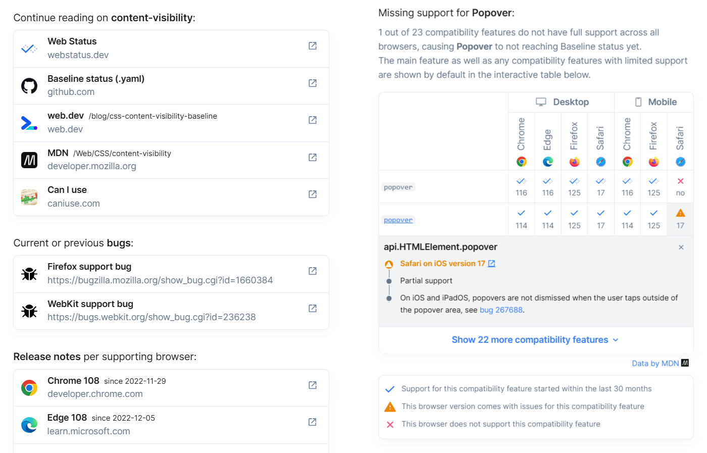 Documentación de los datos de visibilidad del contenido y compatibilidad con el navegador para el cuadro emergente, como se muestra en RUMVision.